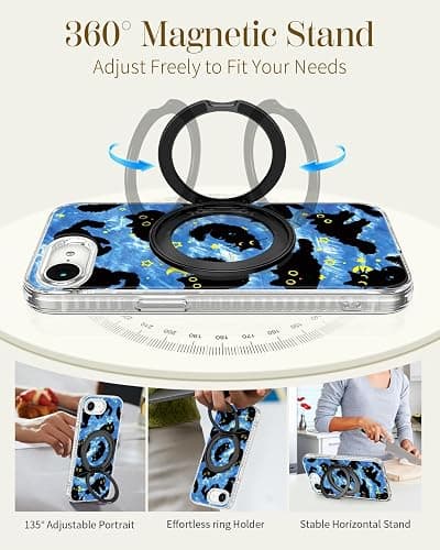 Loheckle for iPhone 17e/16e Case with Stand- Compatible with MagSafe Women Girls Cute Clear Girly Aesthetic Unique Design Soft TPU Magnetic Ring Phone Cover for Apple 17e/16e, Blue Cat thumbnail 4