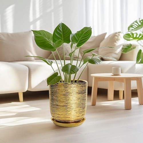 SUNPOTFOR Ceramic Flower Pot for Indoor Plants - 10 Inch Plant Pot with Drainage Hole and Saucer, Decorative Round Outdoor Indoor Planter, Housewarming Gifts, Home Garden Decor, Gold thumbnail 4