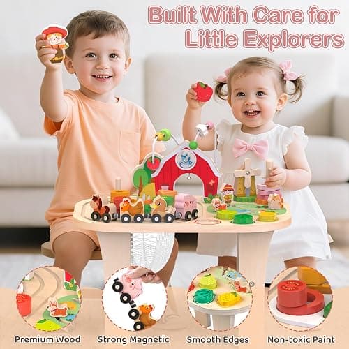 Kids Wooden Farm Activity Table for 1 2 3 Years Old, Montessori Learning Toy with Bead Maze, Shape Sorter & Animal Train, Sensory Development Toy for Toddlers, Educational Gift for Baby Boys Girls 1+ thumbnail 5