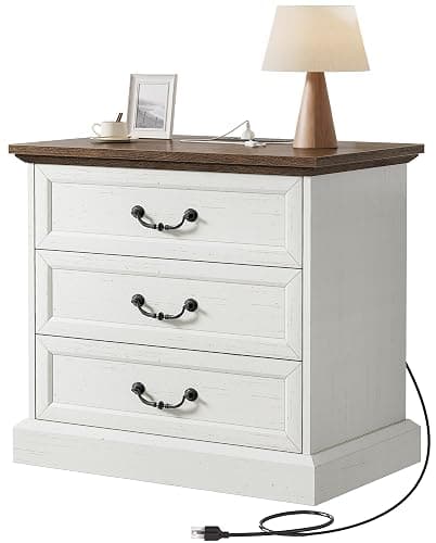 Huuger Nightstand with Charging Station, 3 Drawer Night Stand, 22 Inch Wider Side Table with Storage, Farmhouse Nightstand with Vintage Handles, Thicken Base, for Bedroom, Distressed White - Image 1