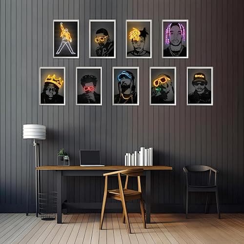AKRFUWE Printed Posters, 9Pcs Rapper Singers Neon Design Decorative Abstract Modern Paintings Wall Art Prints Unframed Decor for Home Office Bedroom Living Room Bathroom (Rapper Singers-1, 12x18 inch - 12x18 inch Unframed - Rapper Singers-1 thumbnail 4