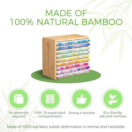 Ohuhu Bamboo Marker Organizer, Wooden Desktop Storage Hold 126 Markers, Pens, Pencils, Art Brushes Stationary Organizer Pencil Holder with 18 Compartments for Home, Classroom, Office Decor thumbnail 5