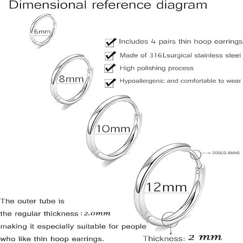 316L Surgical Stainless Steel Huggie Hoop Earrings 6mm 8mm 10mm 11mm 12mm 14mm Hypoallergenic Earrings Hoop Cartilage Helix Lobes Hinged Sleeper Earrings For Men Women thumbnail 2