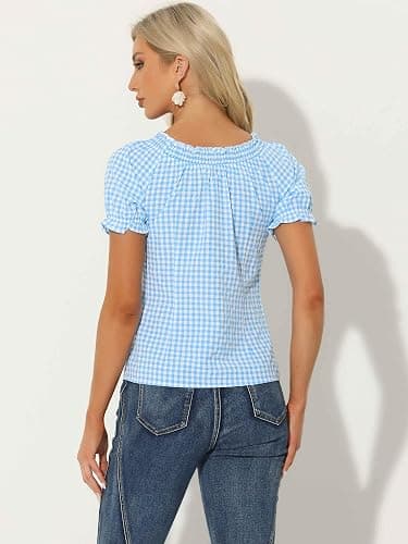 Allegra K Summer Gingham Tops for Women's Plaid Peasant Round Neck Ruffles Cute Puff Sleeve Tops thumbnail 2