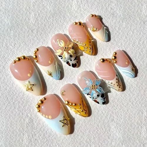 30pcs French Tip Press on Nails Medium Almond Fake Nails with 3D Floral Gold Star Pearl Design Summer False Nails Flower Acrylic Nails Full Cover Glue on Nails for Women Nail Decorations - Image 1