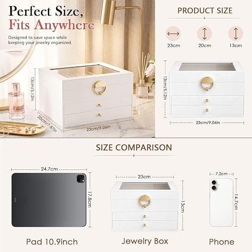 GeeBom Jewelry Box - 3 Layer Jewelry Organizers and Storage with Clear Lid & 2 Drawers,Jewelry Boxes for Women, Watch Necklace Ring Earring Storage Gift Case, Cloud White thumbnail 3