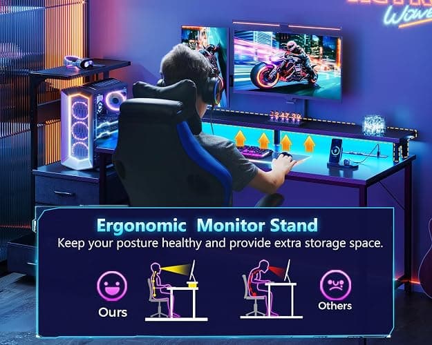 Casaottima 52 Inch Gaming Desk with USB Charging Ports & LED Light - Reversible Computer Desk with 3 Fabric Drawers, Monitor Stand, CPU Stand, Modern Office Desk, Black thumbnail 8