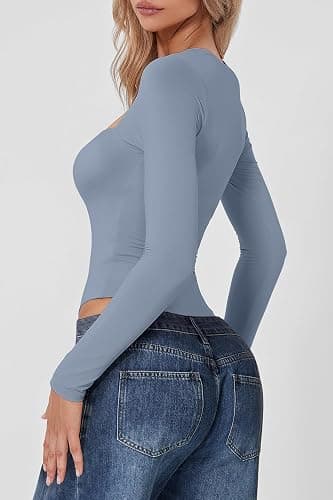 QINSEN Women's Sexy Square Neck Bodysuit Long Sleeve Double Lined Shirt Tops thumbnail 2