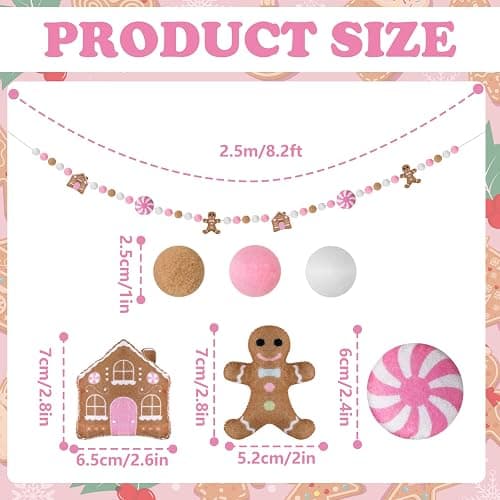 JarThenaAMCS 8.2Ft Christmas Felt Banner Cute Gingerbread Man Candy House Hanging Garland Pink Brown White Pom Ball Banner for Xmas Holiday Home Mantel Wall Decor thumbnail 3