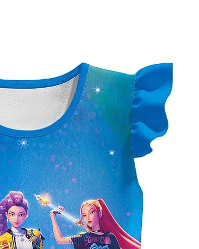 Girls Demon Hunter Dress Flutter Sleeve Kids Clothes Singer Printed Summer 5-12Y - Blue Green - 9-10 Years thumbnail 3