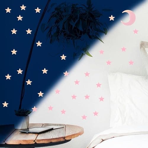 100 Stars and 1 Moon Glow in The Dark Luminous Fluorescent 3D Plastic Glow Stars Moon for Ceiling, Glowing Wall Stickers Create a Realistic Starry Sky, Room Decorations (Pink) thumbnail 5