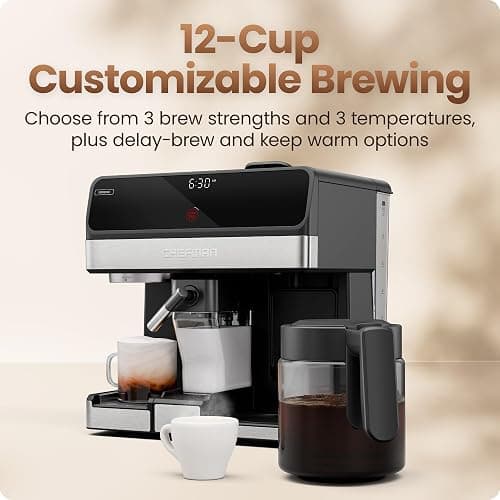 Chefman Coffee Maker Espresso Machine Combo, OmniBrew 8-in-1 Coffee Station with Automatic Milk Frother for Lattes, Cappuccinos, Macchiatos, 12-Cup Carafe and 3L Removable Water Tank - Black thumbnail 6