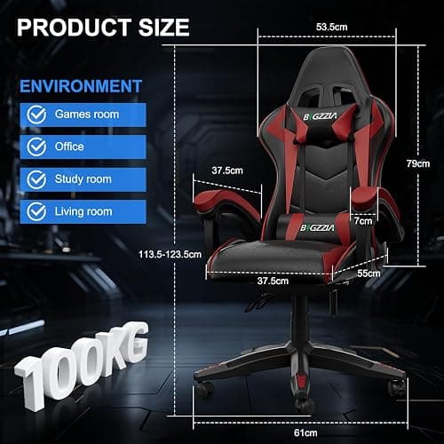 Bigzzia Ergonomic Gaming Chair With Speakers Lumbar and Headrest Cushions | Built-in Bluetooth Speakers, 360° swivel, High-density Padding, up to 110kg for Adults (Red) thumbnail 2