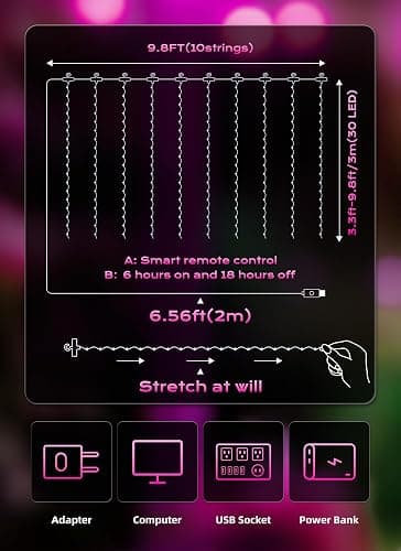 Brightown 300 LED Pink Fairy Curtain Lights, 9.8ft x 9.8ft String Lights | USB Plug in 8 Lighting Modes Christmas String Hanging Lights with Remote for Bedroom Indoor Outdoor Xmas Valentine's Day thumbnail 2
