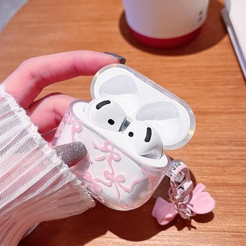 MINSCOSE Compatible with AirPods 4 Clear Case,Cute Ribbon Bow Pretty Aesthetic Design with Bow Pearl Keychain,Soft TPU Protective Shockproof Case for Women Girl for Airpod 4-Pink thumbnail 4