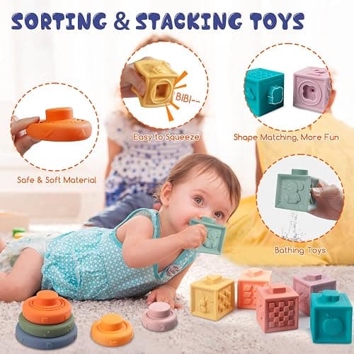 Martiount 4 in 1 Montessori Baby Toys for 6 12 18 Months, Soft Stacking Blocks Sensory Teething Toy, Educational Learning Toys for 1 2 3 Year Old Toddlers, Baby Girl Boy Birthday Gift Set thumbnail 4