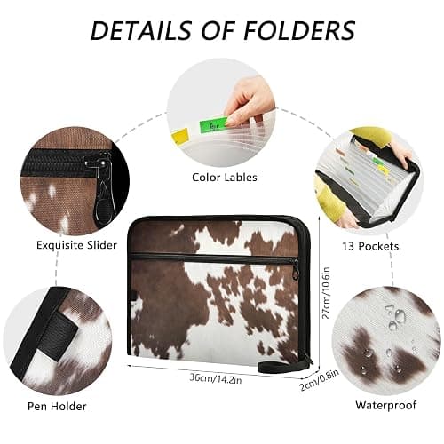 Western Cow Skin Texture Expanding Accordion File Folder with Sticky Labels, 13 Pockets Zip File Folder with Zipper Closure thumbnail 3