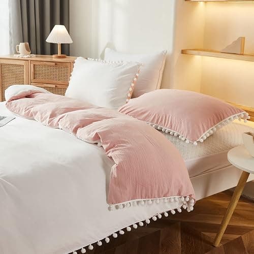 Bedbay Pink Comforter Set Twin Size Dorm Bedding Cute Pom Pom Fringe Boho Comforter White and Pink Reversible Bedding Sets for Girls Boys Soft Washed Microfiber 2 Pcs thumbnail 7