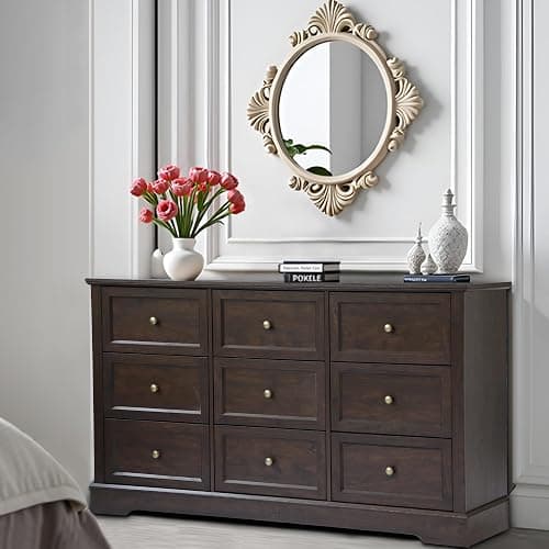 LOUVIXA Farmhouse Bedroom Sets of 4, Including 9 Drawer Dresser, 5 Drawer Dressers and Nightstand Set of 2 with Charging Station (Brown Sets, 4 Pieces) thumbnail 2
