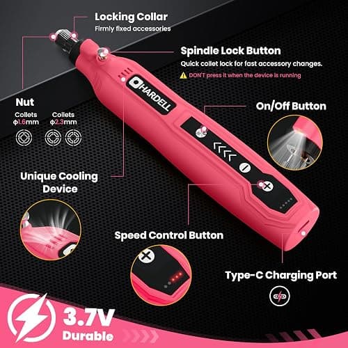 HARDELL Mini Cordless Rotary Tool, 5-Speed 3.7V Rechargeable Rotary Tool Kit with 69 Accessories, DIY Caft Tool for Sanding, Polishing, Drilling, Engraving, 3D Printing thumbnail 2