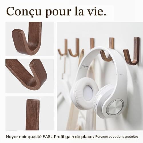 Lot de 6 Patères en J Couleur Noyer, pour Salle de Bain, Chambre, Entrée | Crochets Autocollants en Bois de Noyer Type J, Surface Polie, Wall Mount Walnut Wooden Hooks for Hanging, Patère Bois Murale thumbnail 2