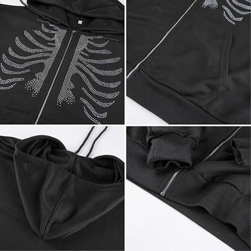 ANKOMINA Women's Rhinestone Skeleton Hoodies Zip Up Sweatshirts Y2K Long Sleeve Skull Jacket Pullover Tops - Medium - Black thumbnail 7