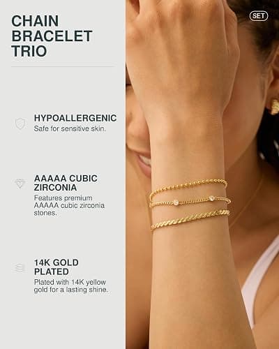 PAVOI 18K Gold Plated Chain Bracelet Pack for Women | Jewelry Set of 5 Stackable Bracelets Paperclip Snake Rope Figaro Beaded Chains thumbnail 2