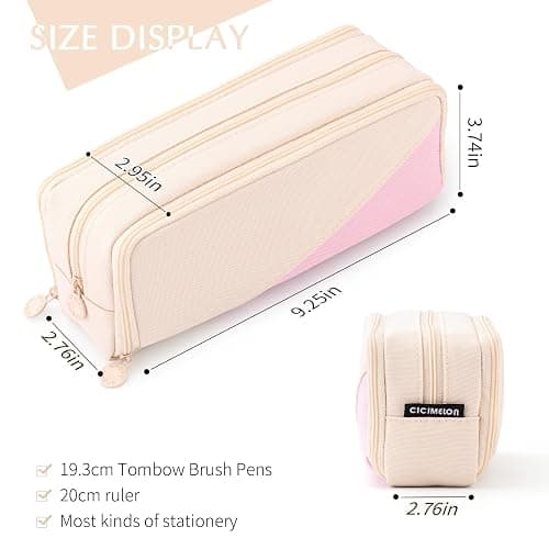 CICIMELON Big Capacity Pencil Case 3 Compartments Pen Pouch Bag Multifunctional Organizer for School Office, Cream thumbnail 4
