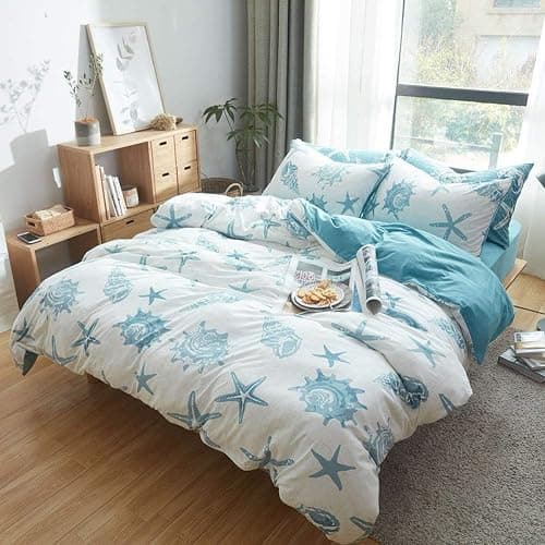 DONEUS Jersey Knit Duvet Cover Set 100% T-Shirt Cotton Super Soft Breathable Comfy Seashells Pattern Bedding Set 3 Piece with Zipper Closure, White Blue King 104x90 Inches - Image 1