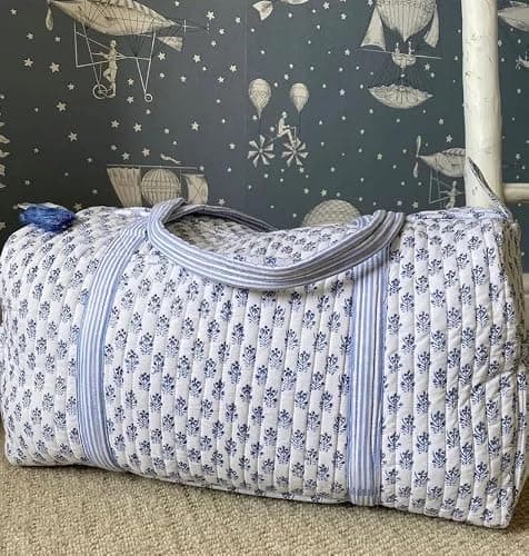 100% Cotton Floral Print Quilted Duffle Bags Large Size Beautiful Block Print Weekender Bags Handmade Shoulder Travel Overnight Bag (color-5, 20x10x10") thumbnail 2