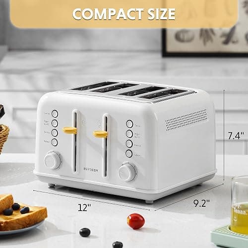 BUYDEEM DT640 4 Slice Toaster, Extra Wide Slots, Retro Stainless Steel with High Lift Lever, Bagel and Muffin Function, Removal Crumb Tray, 7-Shade Settings (Arctic White, 4-Slice) thumbnail 3