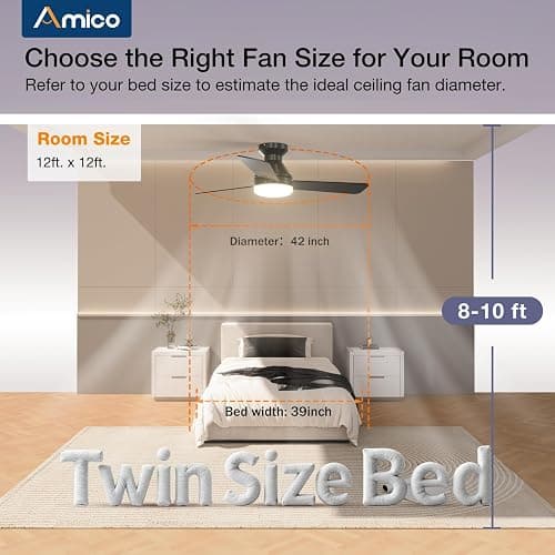Amico 42 Inch Black Low Profile Ceiling Fans with Lights and Remote | Flush mount, 3-color dimmable light, quiet reversible DC motor, easy install, memory, timer, bedroom, covered outdoor areas thumbnail 8