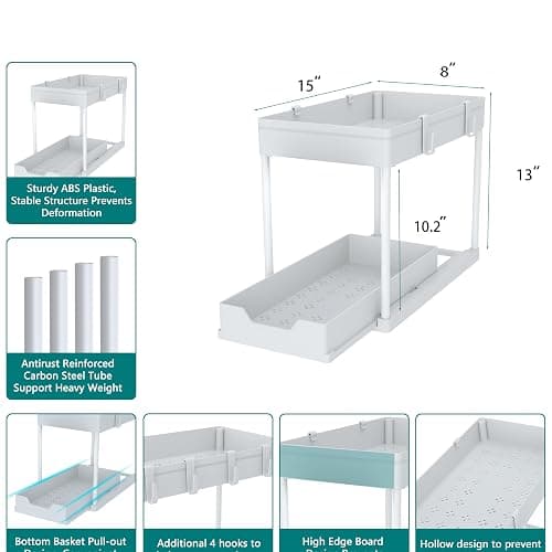 DEKAVA Cabinet, 2 Pack Under Sink Organizer, 2 Tier Sliding Bathroom Kitchen Organizer, Large White ABS Baskets, Easy Install & Clean thumbnail 2