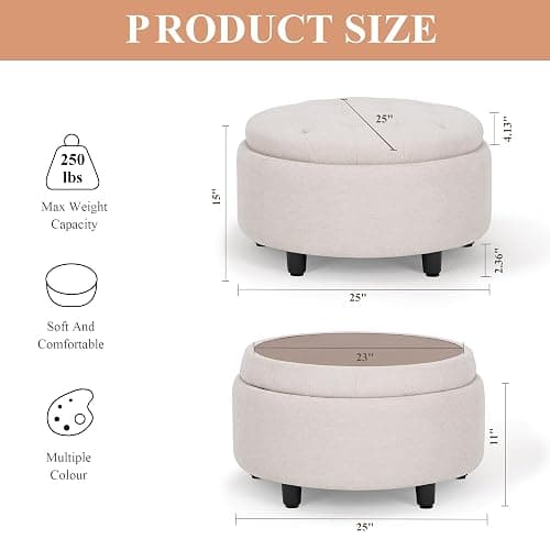 COLAMY Fabric Round Storage Ottoman with Reversible Tray Lid – Multi-Functional Footrest, Hidden Storage, Sturdy & Stylish Small Coffee Table for Living Room, Bedroom, or Entryway(Beige) thumbnail 2