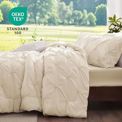 BEDELITE Queen Comforter Set Beige - 3 Pieces Boho Pintuck Bedding Sets, Queen Size Bed Set with 2 Pillow Shams for All Seasons, Room Decor Valentine's Gift,Lightweight Soft and Warm thumbnail 3