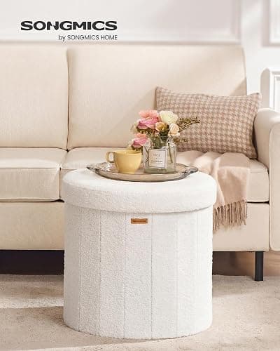 SONGMICS Mazie Collection - Round Storage Ottoman, Folding Footrest Stool with Removable Lid, Easy Assembly, Teddy Fleece Vanity Stool for Bedroom, Living Room, Entryway, Cream White ULSF606W01 thumbnail 2