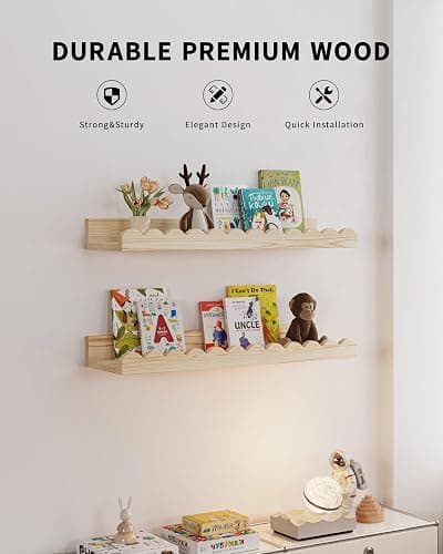 Shario Nursery Book Shelves, 4-Pack Wood Floating Shelves for Wall Kids, Scalloped Shelves, Wall Book Shelves for Bedroom Kids, Toddler Room, Baby Room, Nursery Decor(Wood, 16.5 Inches) thumbnail 3
