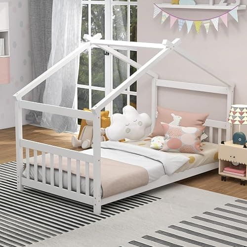 GORELAX Twin Size Floor Kid House Bed with Roof & Wooden Slats | Montessori Floor Bed, No Box Spring Needed, Wood Twin Size Platform Bed Frame for Boys, Girls (White, Twin) thumbnail 8