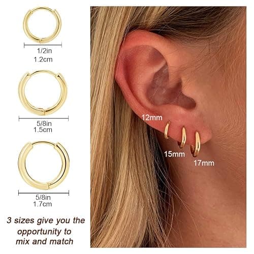 3 Pairs 14K Gold Plated Huggie Hoop Earrings for Women, Minimalist Gold Huggie Hoop Earrings, Simple 3 sizes Hoop Earrings for Women Men gift,gold silver rose gold and black - Gold thumbnail 6