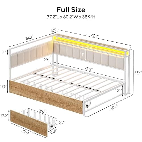LIKIMIO Full Corner Bed Frame with Storage Drawers, LED, Charging, White | Smart LED & Charging Station, Ample Underbed Storage, Space-Saving Corner Design thumbnail 2