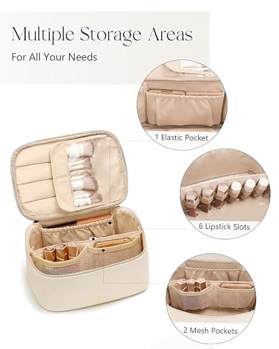 Prite Makeup Bag Portable Cosmetic Organizer with Brush Holder Waterproof Travel Toiletry Bag for Women with Handle and Divider (Beige) thumbnail 3