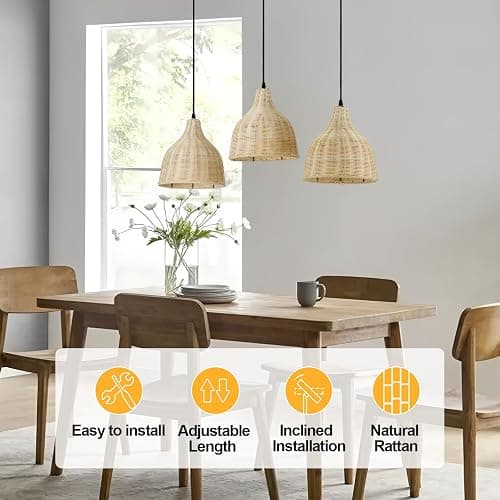 TERLEENART Bobo 3 Light Pendant Light, Hard Wired Hanging Chandelier with 9.84” Dome Rattern Wicker Shade,Suspended Lighting Fixture for for Kitchen Island Dining Bedroom Living Room Restaurants thumbnail 2