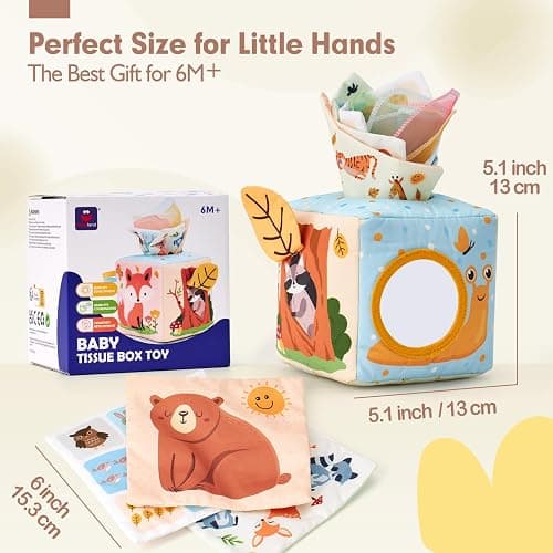 hahaland Baby Tissue Box Toy - 6 Month Old Montessori Baby Toys 6-12 Months | Sensory Pulling Play Scarf Soft Box, Crinkle Paper, Mirror, Tag for Babies Boy Girl Gifts Must Haves 1 Year Old Birthday Gift thumbnail 2