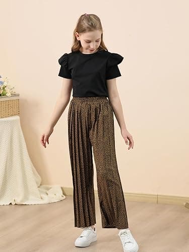 GORLYA Girls Clothing Sets Ruffle Trim Short Sleeve Tops Casual Printed Pleated Wide Leg Pants 2 PCS Outfit Suits 6-14Y thumbnail 5
