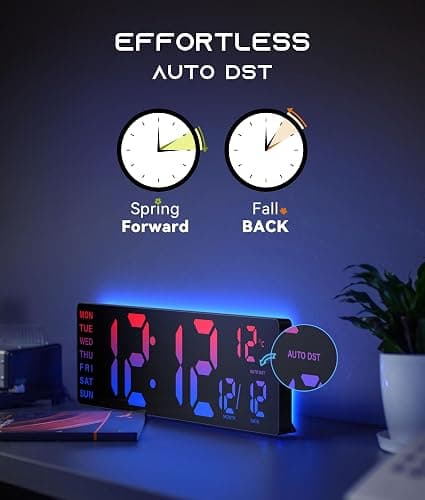 EASYERA 16.5" Large Digital Wall Clock with BT Sync, RGB Lights with 11 Scenes Mode Remote Control, Dual Alarms with Big LED Display, Auto DST, Temperature for Classroom Gaming thumbnail 8