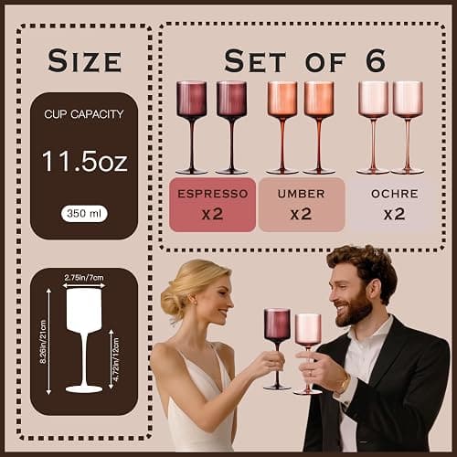 Melanin Colored Square Wine Glasses Set of 6, Elegant Ribbed Design Amber Crystal Glassware with Long Stem, 11.5oz Hand Blown Red & White Wine Stemware For Home Bar Deco,Party,Wine Dinner- Multicolour thumbnail 3