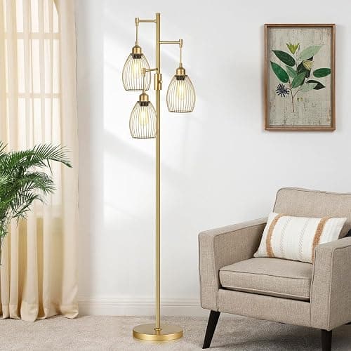 Dimmable Floor Lamp, Industrial Floor Lamps for Living Room, Gold Tree Lamp Standing Lamp Tall Lamps with 3 Elegant Teardrop Cage Head & 800 Lumens LED Bulbs for Living room Bedroom Office Dining Room thumbnail 7