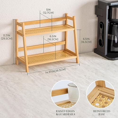 ANBOXIT Rattan-Look Matcha Station Organizer, Countertop Bamboo Tea & Coffee Accessories Station Organizer, 2 Tier Mug Holder Display Stand for Kitchen Condiment, Home, Office thumbnail 3