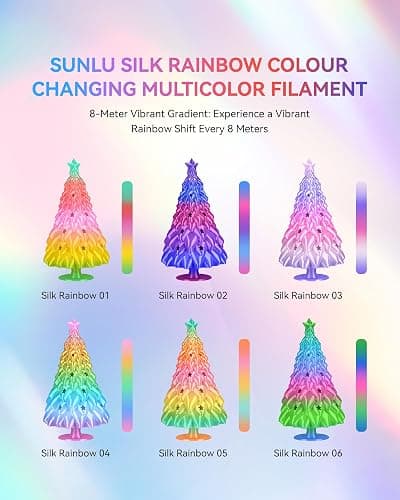 SUNLU Rainbow Silk Filament Bundle, Multicolor Gradient 3D Filament, Neatly Wound Shiny Silk 3D Printer Filament 1.75mm ±0.02mm, Individually Vacuum Packed, 0.25kg per Spool, 1kg in Total, 4 Pack. thumbnail 3