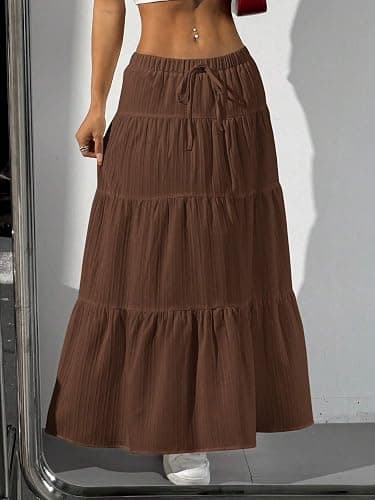 Xuani Maxi Skirt for Women Long Boho Flowy Ruffle Elastic High Waist | Flared, A Line, Decorative Front Tie, Tiered Layer Versatile, Lining, Casual Summer Beach Vacation Outfits, 2026 Spring Fall thumbnail 3